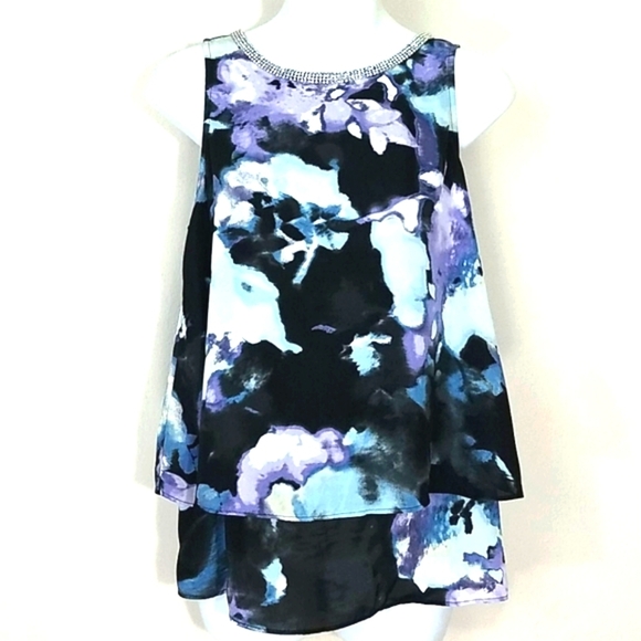 Tunic Tank top sleeveless flowy blue watercolor print beaded collar Layered - Picture 1 of 8